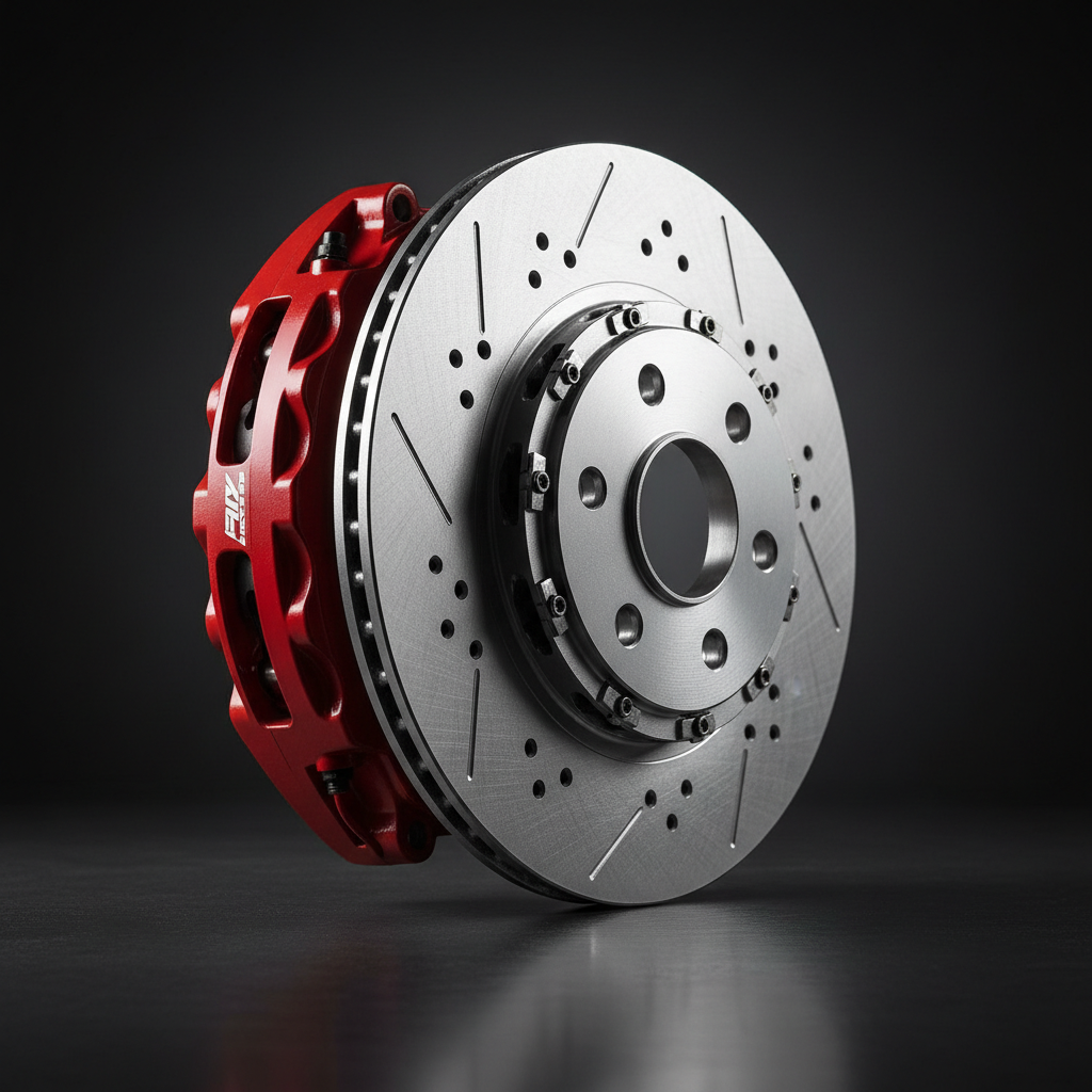 A dramatic, photographic realism close-up of a high-performance ventilated brake disc and bright red caliper assembly, resting on a dark, slightly reflective work surface. The metal disc shows precise drilled holes and slots, with a subtle brushed texture catching the light. A faint reflection of the parts appears below, adding depth. Focused studio lighting from the side creates strong highlights along the edges and deep, controlled shadows, emphasizing power and durability. The background fades into a smooth, dark gradient, isolating the components. Shot from a low, three-quarter angle with shallow depth of field, the mood is bold, technical, and performance-oriented, ideal for showcasing premium or sports car parts on a specialized product page.