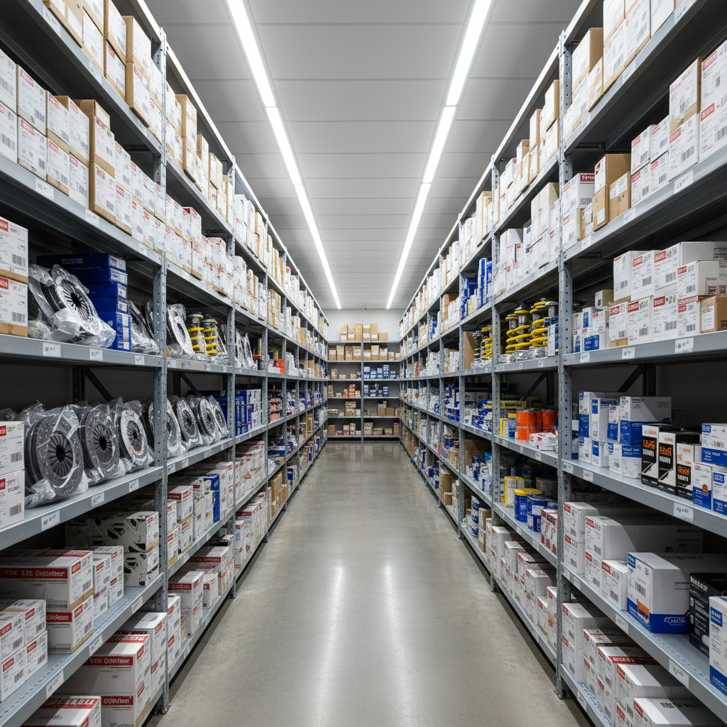 A tidy auto parts stockroom corridor with tall, metal industrial shelves stretching into the distance, each shelf neatly filled with labeled boxes and visible components like shock absorbers, clutch kits, and filters. The floor is polished concrete, subtly reflecting the shelving. Bright, even fluorescent lighting runs along the ceiling, casting uniform, shadow-free illumination that highlights organization and availability. Captured with a centered, linear perspective that draws the eye down the aisle, the image uses deep focus to keep every detail sharp from foreground to background. The atmosphere is highly professional, efficient, and reliable, conveying the idea of a well-stocked, dependable automotive parts supplier. The style is realistic and clean, with neutral tones emphasized by occasional pops of color from packaging.