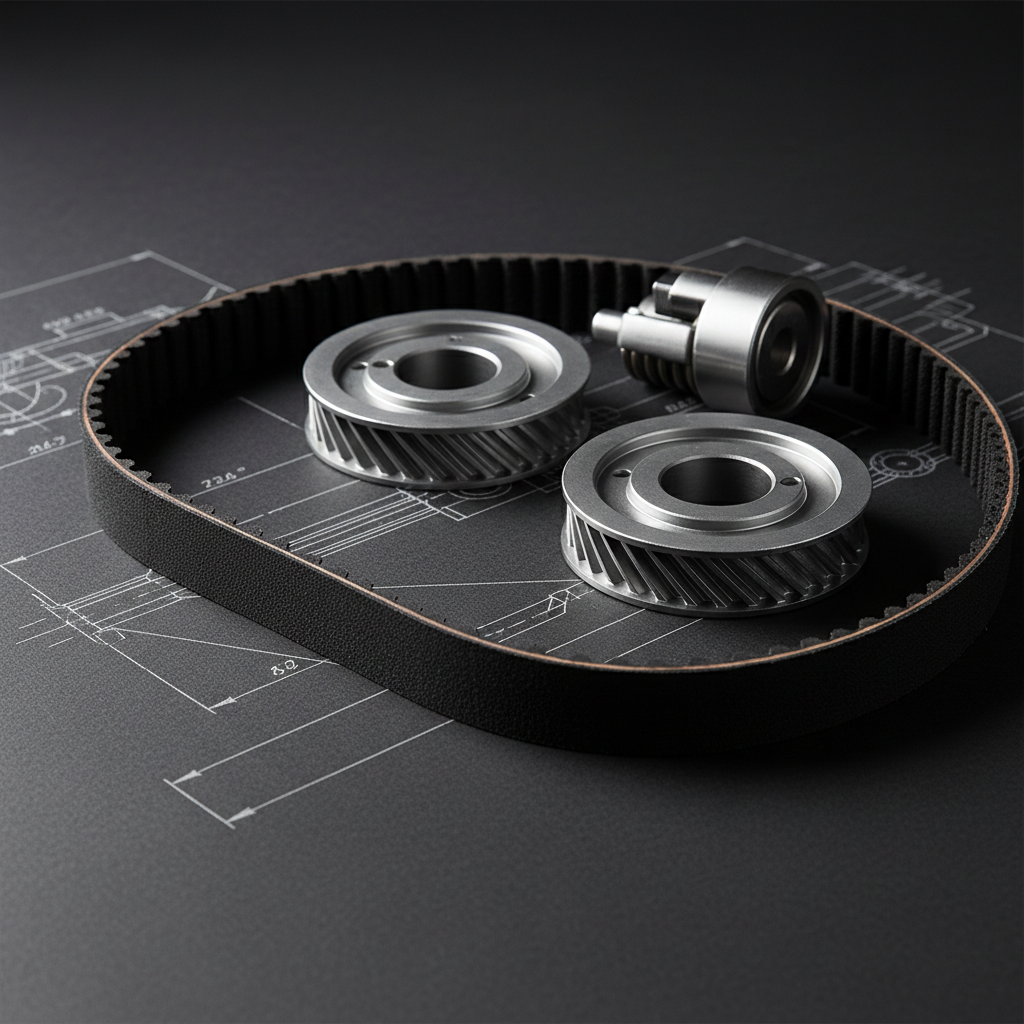 A close-up, photographic realism shot of a high-quality automotive timing belt kit laid out with precision on a matte black work surface. The kit includes a robust black rubber belt with detailed teeth texture, two metallic pulleys with finely machined grooves, and a tensioner with a brushed steel finish. Subtle white technical diagrams are faintly printed on the dark background, hinting at engineering precision. Soft studio lighting from the top left creates controlled highlights on the metal and gentle shadows that define every contour. The composition uses a rule-of-thirds layout with shallow depth of field, keeping the belt and main components in crisp focus while the technical diagrams blur slightly. The mood is highly professional and technical, conveying reliability and engineering excellence.