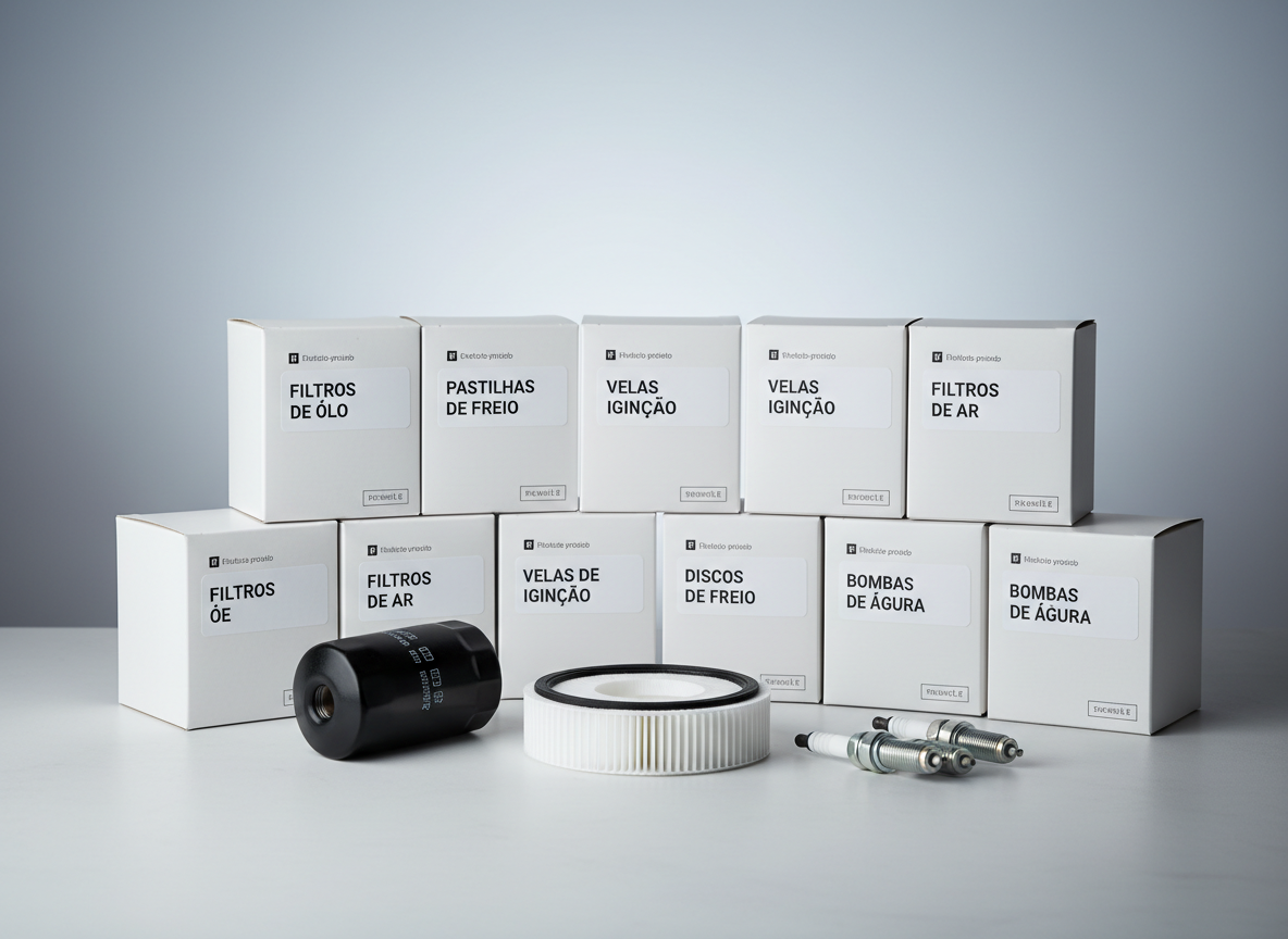 An assortment of boxed automotive parts branded with clean, generic labels reading categories like “Filtros de Óleo”, “Pastilhas de Freio”, and “Velas de Ignição”, stacked in an orderly fashion on a smooth light-gray counter. A few unboxed items, such as an oil filter with a matte black body, a white air filter with pleated paper, and metallic spark plugs, are displayed in front for clarity. Neutral, diffused studio lighting creates a soft, shadow-free environment that highlights packaging details and product variety. The background is a simple, blurred gradient of cool grays, giving a modern, corporate feel. Shot from a slightly elevated angle with sharp focus across the products, the mood is organized, reliable, and businesslike, ideal for an online catalog or category overview.