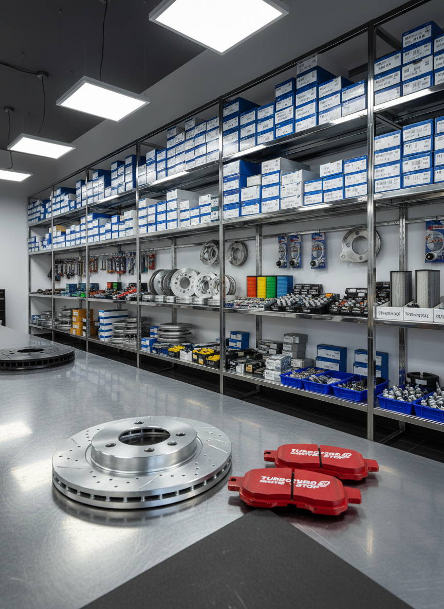 A meticulously organized automotive parts showroom interior featuring gleaming metal shelves filled with labeled boxes and neatly arranged car parts, such as brake discs, filters, spark plugs, and belts. In the foreground, a close-up of a pristine, silver brake disc and bright red brake pads rests on a clean, dark workbench with a subtle texture. Overhead LED lighting casts crisp, even illumination, creating gentle reflections on polished metal surfaces and soft shadows under each item. The atmosphere feels professional, tidy, and trustworthy. Photographed at eye level with a slightly wide angle and sharp focus throughout, emphasizing order and abundance. The style is clean, photographic realism with balanced, natural colors that highlight quality and reliability for an auto parts business homepage hero image.