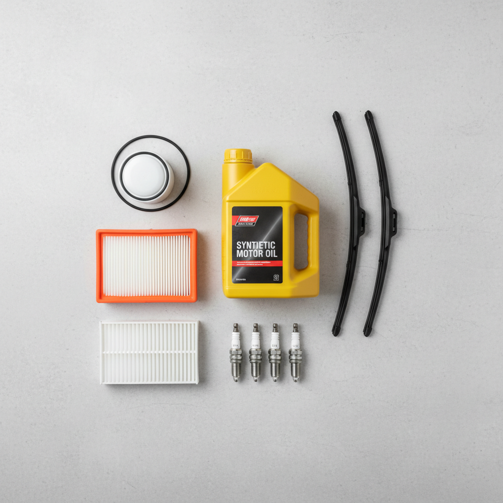 A clean, minimalist flat-lay of essential automotive maintenance parts arranged geometrically on a light concrete-textured background. Items include a brightly colored engine oil container, a crisp white oil filter, a rectangular air filter with orange frame and white pleats, cabin filter, windshield wipers, and a set of shiny spark plugs aligned in a row. Soft, diffused overhead studio lighting eliminates harsh shadows, creating a balanced, contemporary look. The composition follows a grid-like pattern, with generous negative space for potential text overlay. Colors are vivid yet controlled, highlighting product forms without clutter. The mood is modern, organized, and educational, emphasizing easy maintenance and quality components for use in blog posts or instructional sections of an automotive parts website.