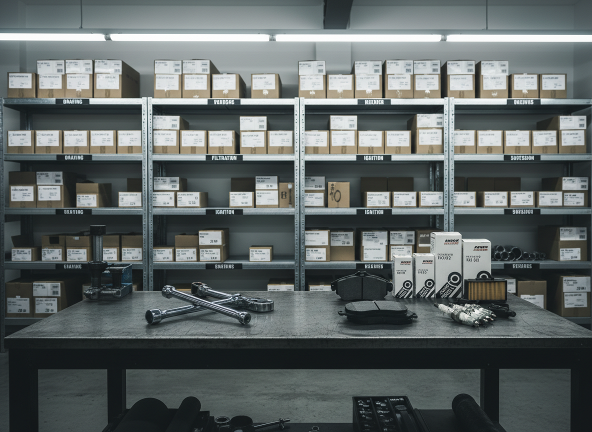A modern automotive workshop scene focusing on a sturdy, dark steel workbench covered with carefully arranged tools and parts, including a shiny chrome ratchet set, new brake pads, oil and air filters, and spark plugs. Behind the bench, tall industrial shelves hold organized boxes of automotive components labeled by category. Cool white overhead workshop lighting creates crisp, high-contrast highlights on metallic surfaces and clear shadows that emphasize depth. The composition is shot at eye level with a slight depth-of-field blur on the distant shelves, drawing the eye to the workbench. The overall mood is efficient, technical, and trustworthy, with photographic realism and a slightly desaturated, clean aesthetic that reinforces professionalism for an auto parts business services page.